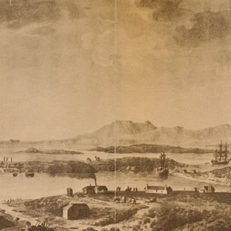 Panorama della darsena e dell'insediamento di La Soledad. Le corvette Descubierta e Atrevida